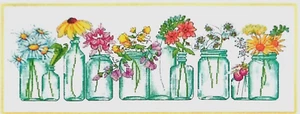 DIMENSIONS MASON JAR LINEUP Counted Cross Stitch Kit  10 Jars With Flowers - Imagen 1 de 3