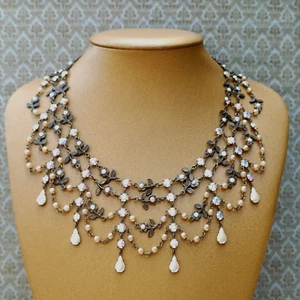 Michal Negrin Bib Necklace Aurora Borealis Crystals Pearl Chandelier White Bride - Picture 1 of 19