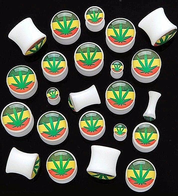 Par de tapones de silla rasta de marihuana hierba hoja olla blanca 00 g calibre de oreja de 10 mm Foto 1 de 1