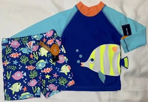 Gymboree Junge Größe 3T Rash Gaurd und Badeanzug Blau Fisch Splish Splash Neu - Bild 1 von 9