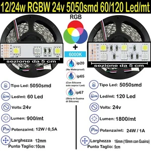 Strip RGBW (Bianco Freddo) 12/24w 24v 5050 60/120 Led/m kit 5>15m Striscia Led - Foto 1 di 13
