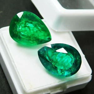 18.52 Ct Pear Cut Natural Green Emerald CERTIFIED Colombian Loose Gemstone Pair - Picture 1 of 12