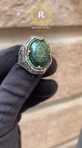 Seal of King Solomon,Green Amber Stone,Engraving,925 Sterling Silver Men's Ring - Picture 1 of 9