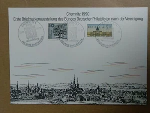 GERMANY Stamped Card First Stamps Exposition After Unification Chemnitz 1990 ... - Picture 1 of 3