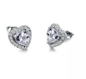 14K REAL WHITE GOLD FILLED HEART STUD EARRINGS MADE WITH SWAROVSKI CRYSTALS WG10 - Picture 1 of 6
