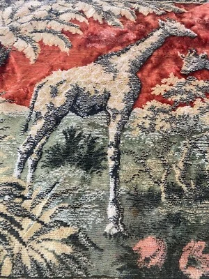Vtg Velvet Tapestry Giraffes In Wild 40 X21 Tropical 1970’s Forrest Boho Africa - Image 1 of 4