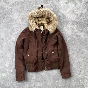 Vintage Abercrombie And Fitch Jacket Women Small Brown Coat Faux Fur Bomber Hood - Picture 1 of 9
