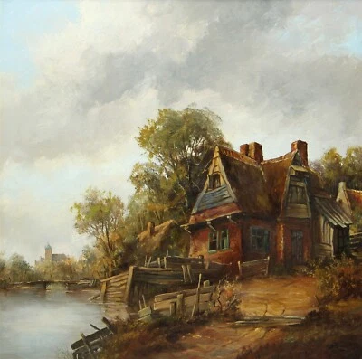 Ölgemälde FLUSSLANDSCHAFT MIT KIRCHE - 2. H. 20. Jh. - Bild 1 von 4