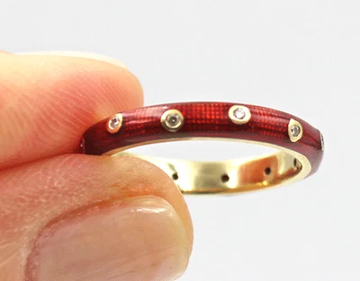 18K Yellow Gold Red Enamel & 12 Diamond Stacking Band Ring 3.1g 3mm Size 5.25 #A - Image 1 of 4