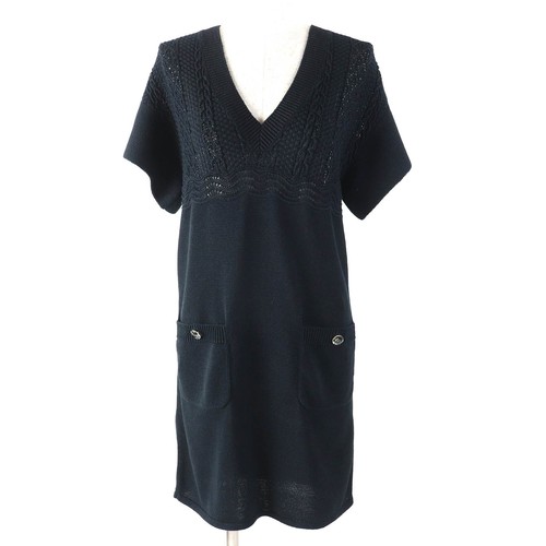 Abito Chanel P58547 Cotone 100 Trasparente Traforato Maglia Scollo a V Navy 34 Made In Ita Os