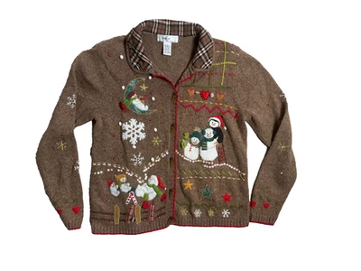 Suéter de Navidad Cárdigan Marrón Mezcla de Lana Cuello a Cuadros Talla L Kikit Cottage De Colección Foto 1 de 4