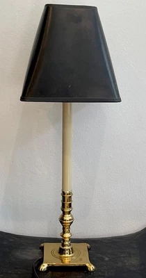 Brass Candlestick Footed Base Lamp and Original Black Gold Liner Square Shade - Image 1 of 4