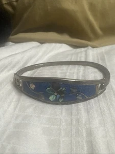 Vintage Taxco Mexico 925 Turquoise Abalone Flower Bangle Bracelet Hinge - Picture 1 of 13