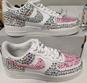 Nike Air Force 1 scarpa uomo bianca personalizzata gioiello taglia 8,5 uomo/10 donna carina!!! - Foto 1 di 8