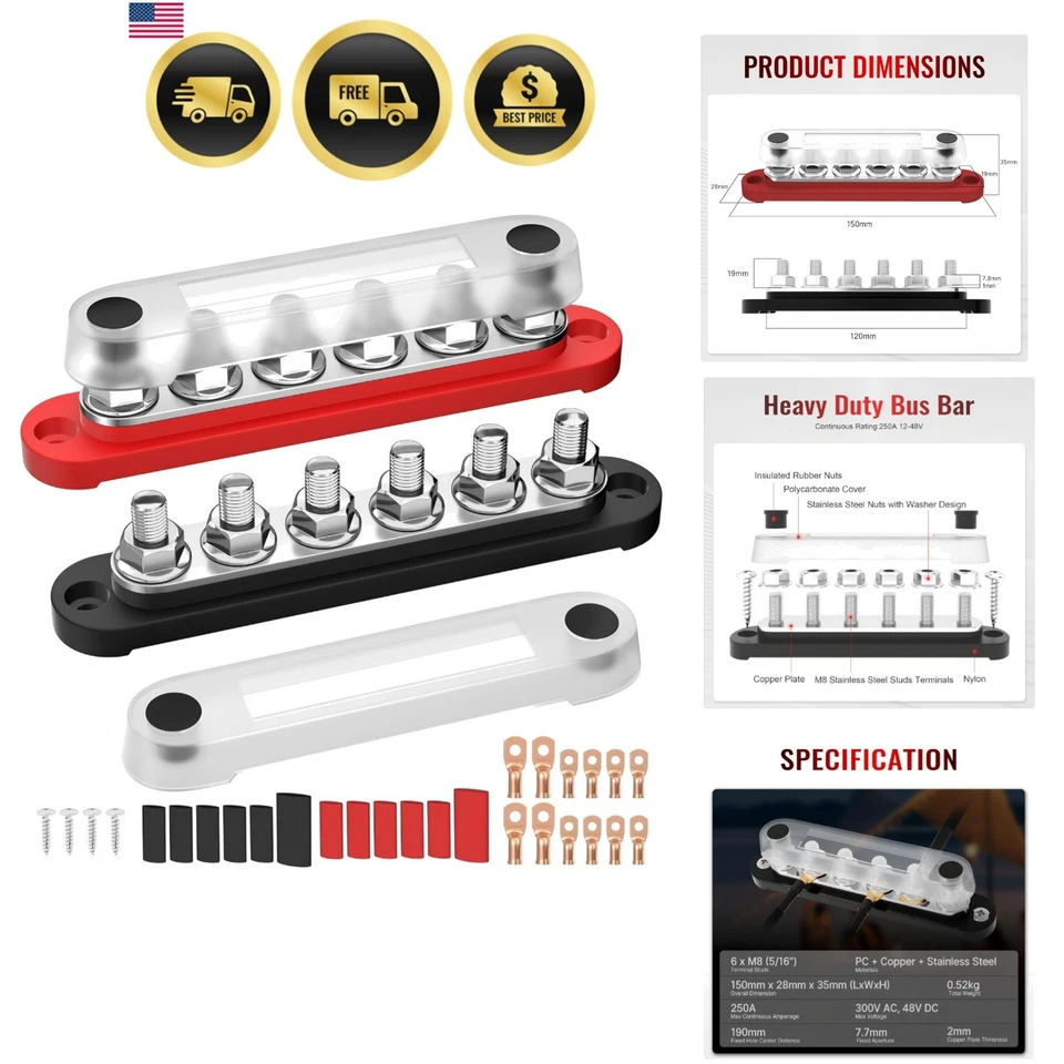12V Bus Bar Power Distribution Block 250A Marine Car Solar System 6 Pack - Image 1 of 4