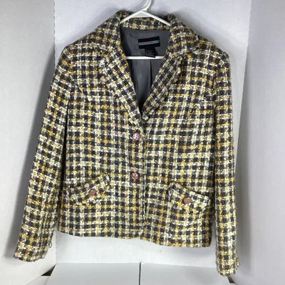 Yellow And Gray Plaid Tweed Suit Jacket Lined Requirements Size 14 Very Nice - Image 1 of 4