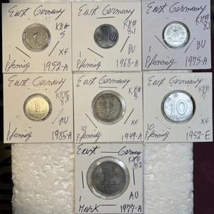 1949 - 1985 East Germany 1 & 10 Pfennig & 1 Mark XF - BU Condition 7 Coin Lot - Picture 1 of 13