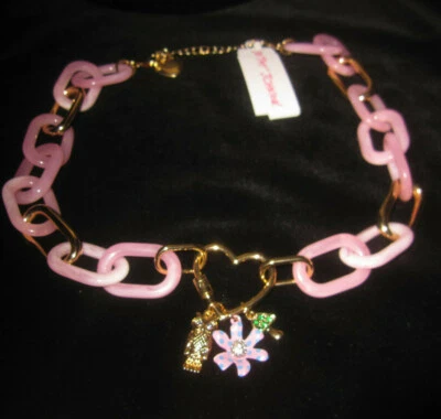 BETSEY JOHNSON ENCHANTED PINK LUCITE CHAIN WITH CHARMS NECKLACE - Image 1 of 3