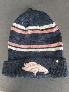 47 Brand Beanie Denver Broncos NFL Navy Pink Marled Stripe Cuff Knit Hat Cap - Picture 1 of 6