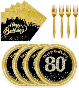72 Pcs 80Th Birthday Paper Plates and Napkins Party Supplies, Back Gold 80Th Bir - Picture 1 of 12