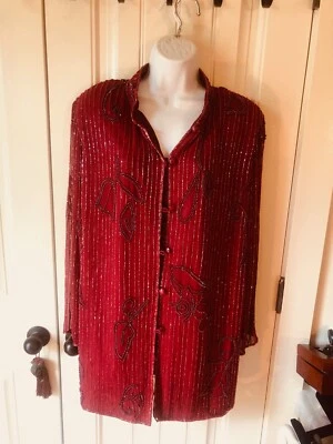 NWOT RARE Silhouettes Pure Silk cranberry red Long Jacket Beads & Sequins - Image 1 of 4