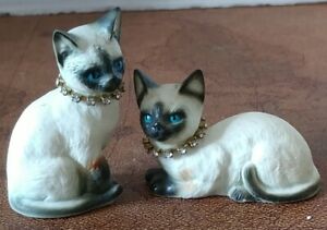 Vintage Porcelain Siamese Cat Figurines Set of 2 Glass Studded Collar Blue Eyes