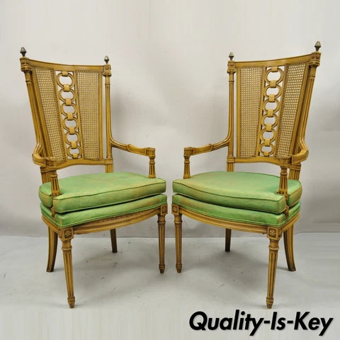 Vintage French Hollywood Regency Tall Cane Back Carved Link Chairs - a Pair Cover