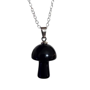 Mushroom Pendant Obsidian 925 Chain Necklace Gemstone Spiritual Boho Jewellery - Picture 1 of 9