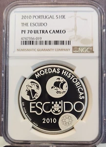 2010 PORTUGAL SILVER 10 EURO HISTORICAL MONEY THE ESCUDO NGC PF 70 ULTRA CAMEO - Picture 1 of 3