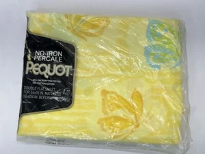 Pequot Double Flat Sheet Flutter-Bye Butterfly Yellow Percal Retro Vintage - Picture 1 of 9