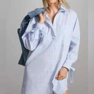 Abito camicia Anthropologie nuovo con etichette Sunday in Brooklyn blu gessato bottoni davanti S - Foto 1 di 8