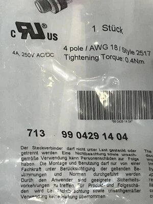 Binder M12 Cable Connector 4 pole/ AWG 18 / Style 2517 Tightening Torque: 0.4Nm - Image 1 of 4