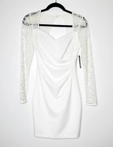 NWT Guess Sweetheart Lace-Sleeve Bodycon Mini Dress Ruched Women's White Size 6 - Picture 1 of 4