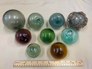Lot of 9 Vintage Japanese Glass Fishing Floats 2.5" to 4.25" Purple/Smoke/Amber+