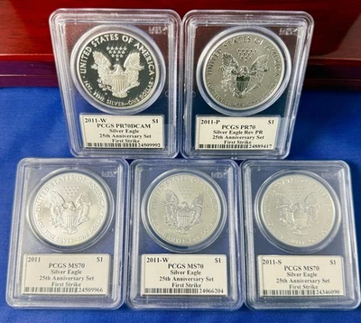 2011 P Silver Eagle PCGS PR70 MS70 Mercanti FS 25 aniversario conjunto de 5 monedas Foto 1 de 4