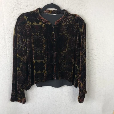 Chaqueta de Terciopelo Mujer Grande Marrón Geométrica Cuello Mandarín Cierre Rana Boho Foto 1 de 4