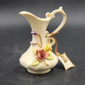 Arnart Antique Ivory Bisque Porcelain Vase Pitcher 5" w Multicolor Raised Roses - Picture 1 of 10