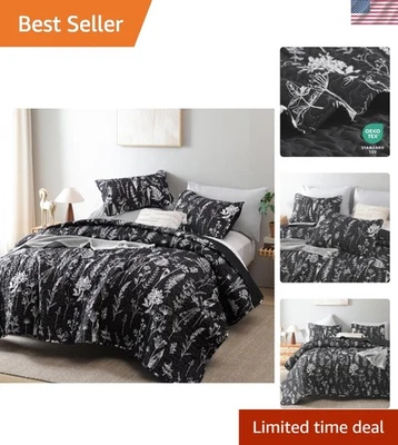 Edredones florales negros reversibles - Juego de 3 piezas tamaño queen para -confort redondo Foto 1 de 4