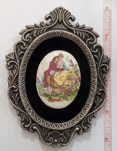 VTG Limoges Porcelain Courting Couple Medallion 5" Signed Watteau Miniature Wall - Picture 1 of 9