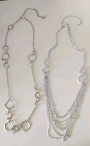 LOT 2 - Chico's Long Necklaces Multi Strand Silvertone - Geometric Goldtone EUC - Picture 1 of 8