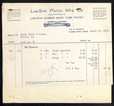 Parche Las-Stik Mfg. Co. Hamilton, OH 1919 recibo + hoja de cubierta de contabilidad Foto 1 de 3