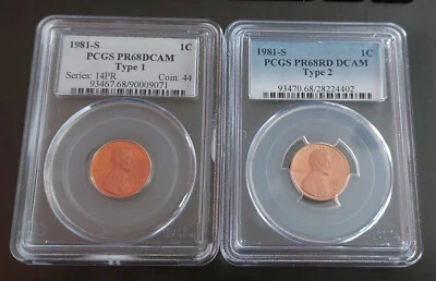 1981-S Type 1 & 2 Lincoln RED 1c Cents PROOF Coin Set PCGS PR68 RD DCAM Penny T2 - Image 1 of 2