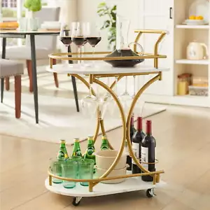 2-Tier Bar Serving Cart Gold Rolling Drink Trolley With Wine Rack Storage - Picture 1 of 12