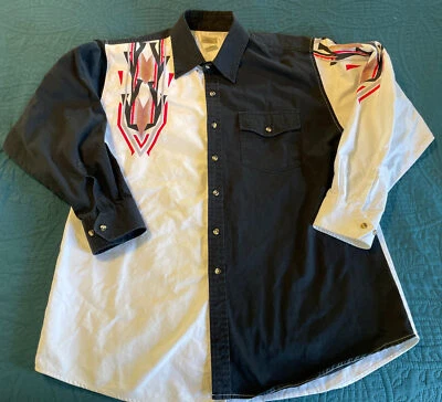 Camisa de los 90 Express Rider Western con botones bloque de color, negro blanco, azteca XL Foto 1 de 4