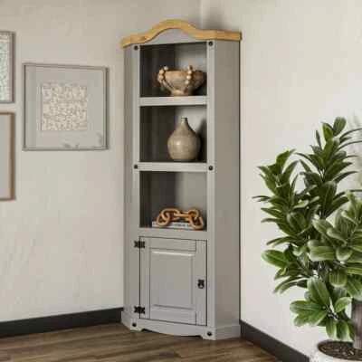Corner Bookcase Grey Display Unit Corona 1 Door Mexican Pine Wax Distressed - Image 1 of 4