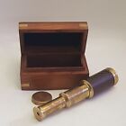 Vintage Style Small Brass Telescope In Wooden Box (J1)