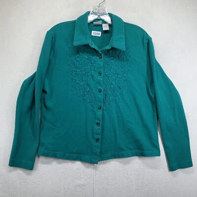 Camisa para mujer Together de algodón bordada frontal manga larga cuello verde azulado grande Foto 1 de 4