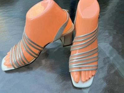 Ann Marino  Silver-Cream Strappy Slingbacks - 2.75" Chunky Heel -Size 7M Unworn - Image 1 of 4