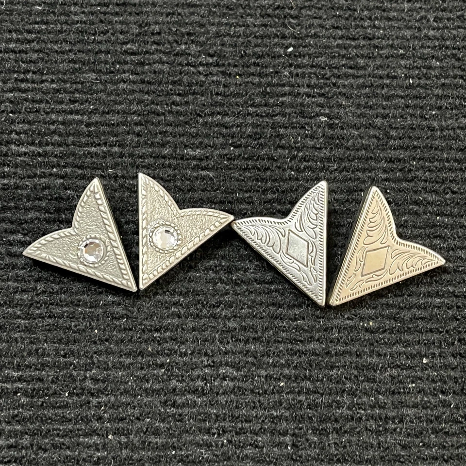 VTG 2 pairs Western Shirt Silver Tone Collar Tips Stainless Cowboy Engraving - Image 1 of 4