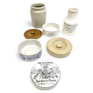 A unique bundle of 7 vintage stoneware jars, pots and lids, Borax, Anchovy, Must - Picture 1 of 24